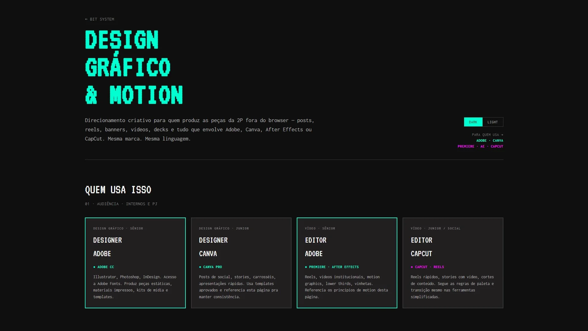 Página de design gráfico e motion do Bit System