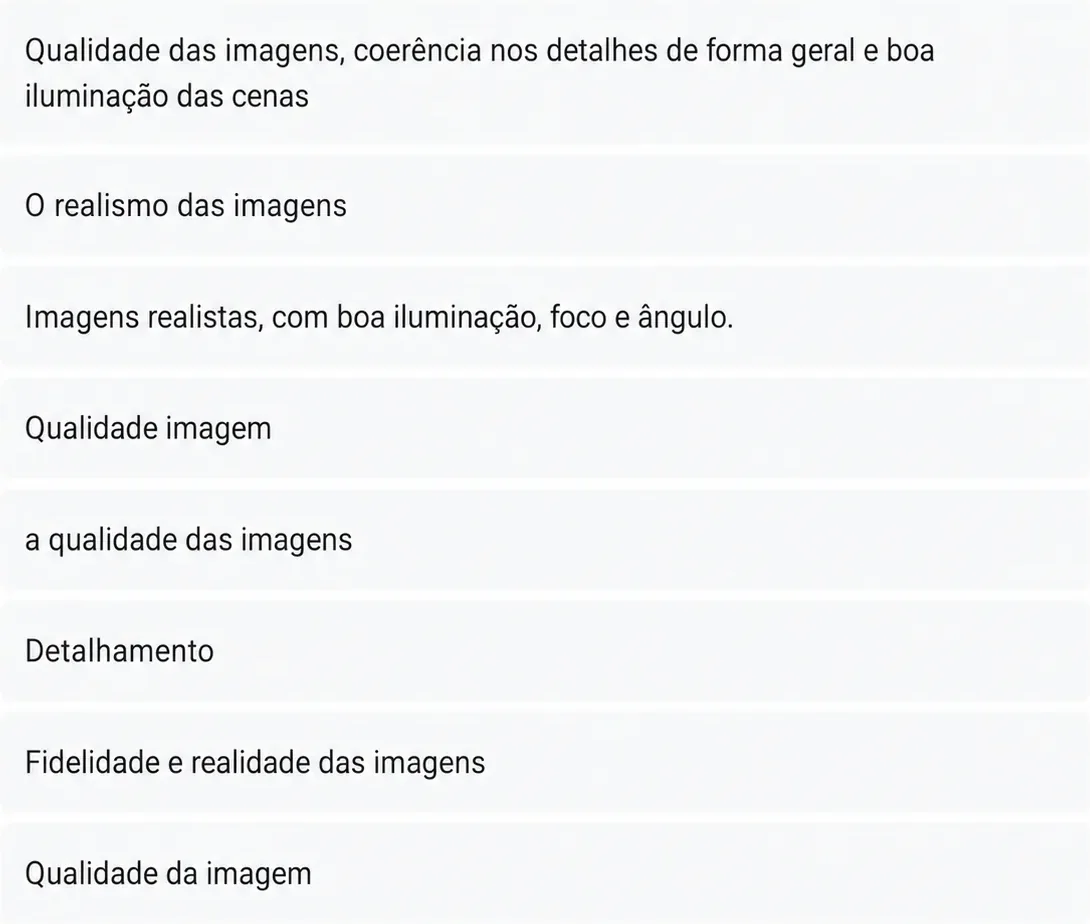 Respostas abertas sobre critérios de avaliação de portfólio 3D