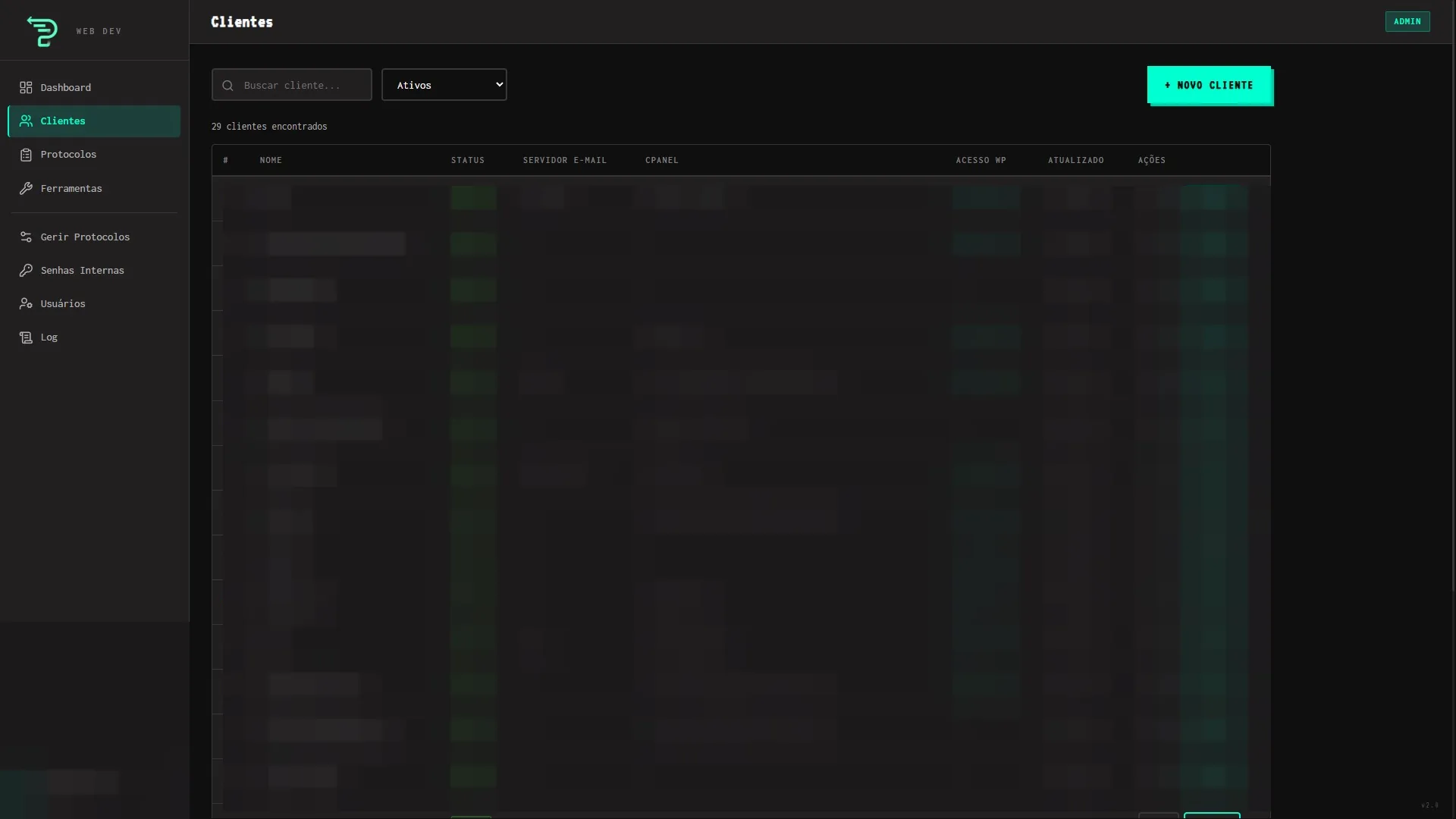 Lista sanitizada de clientes ativos no sistema Web Dev