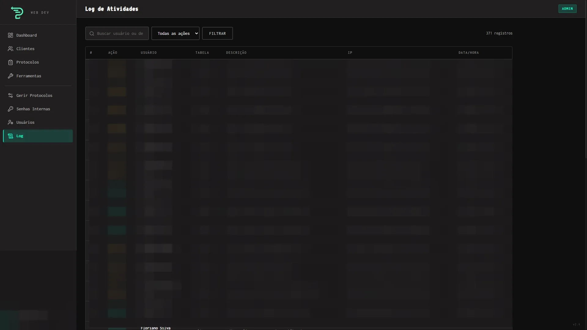 Tela sanitizada do log de atividades do Web Dev