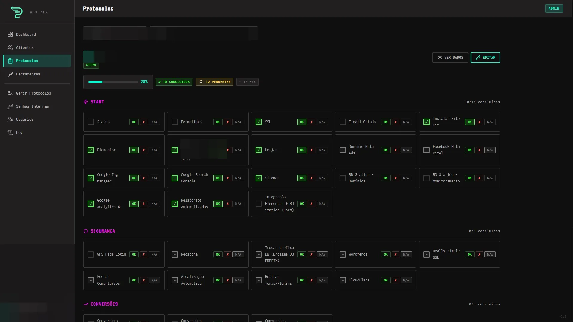Tela sanitizada de protocolos por cliente no sistema Web Dev